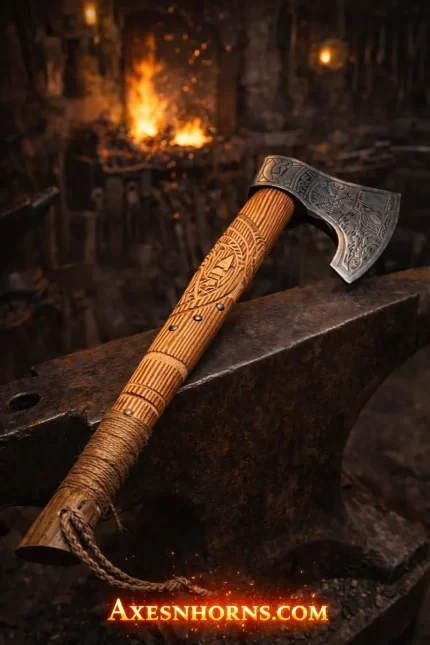 Tan carved axe handle photo