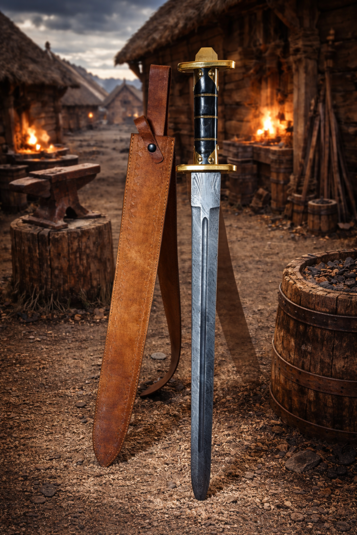 Black handle damascus sword photo